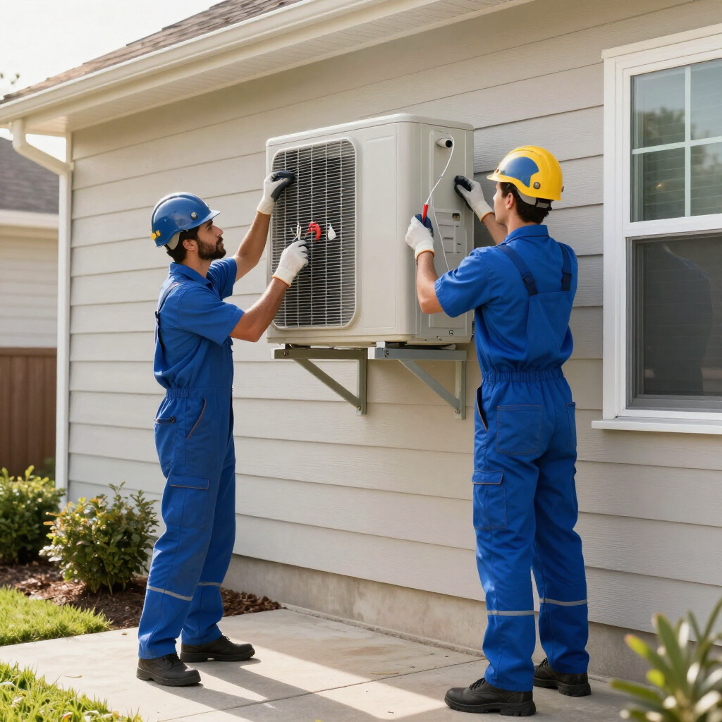 Technician in gloves inspecting a white outdoor air conditioner unit