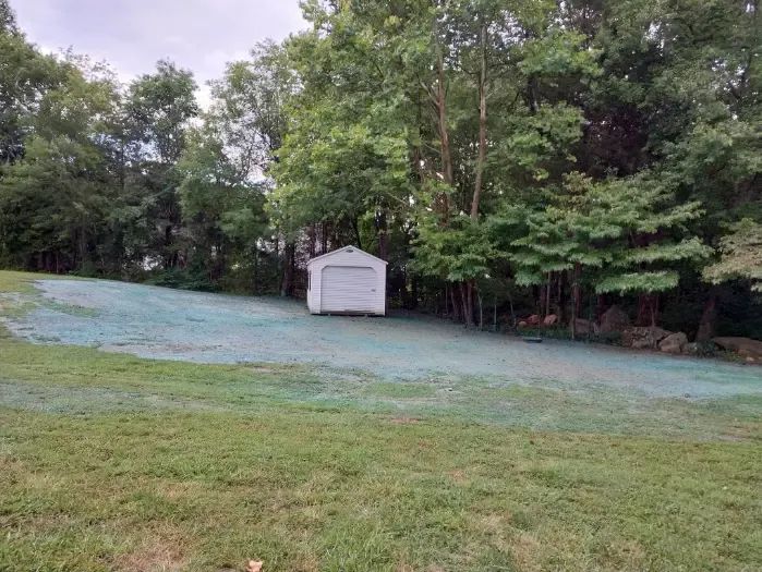 A white shed is sitting in the middle of a grassy field surrounded by trees