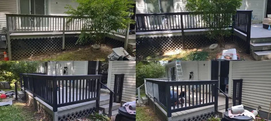 A collage of four pictures of a deck before and after being painted