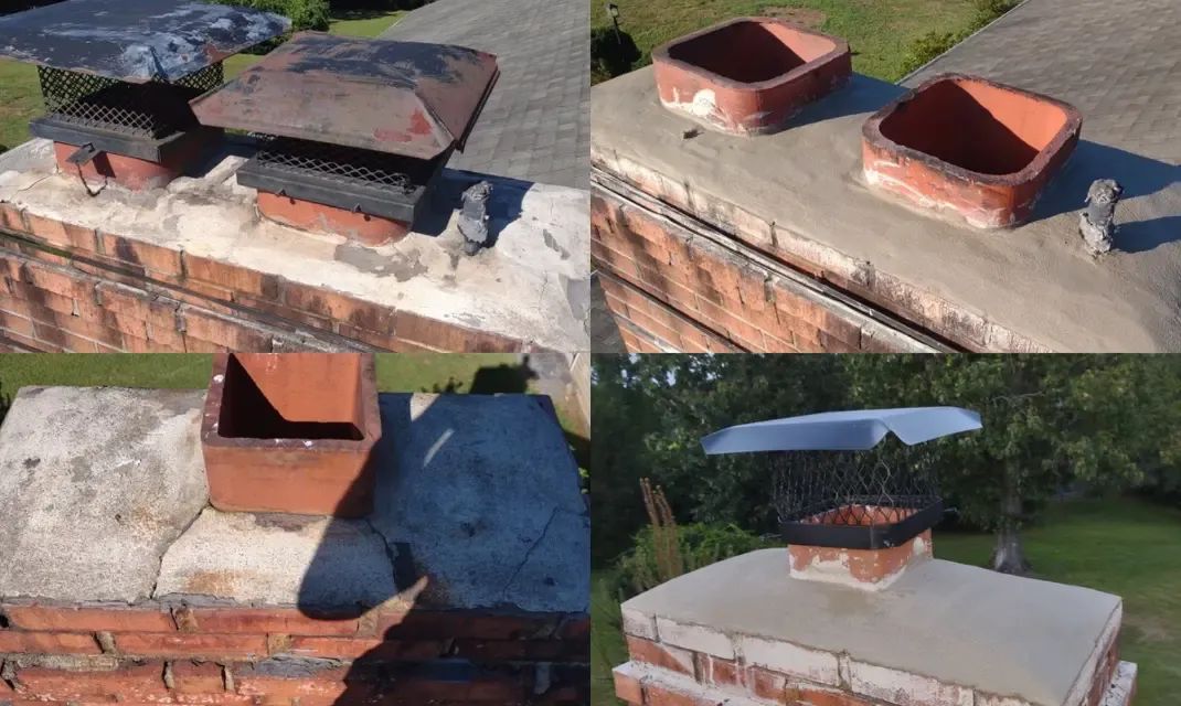 A collage of four pictures of a chimney before and after being repaired