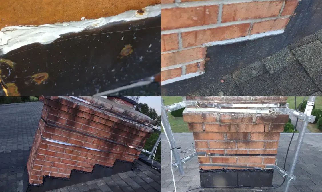 A collage of four pictures of a brick chimney on a roof