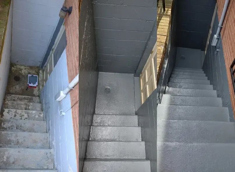 A before and after photo of a set of stairs