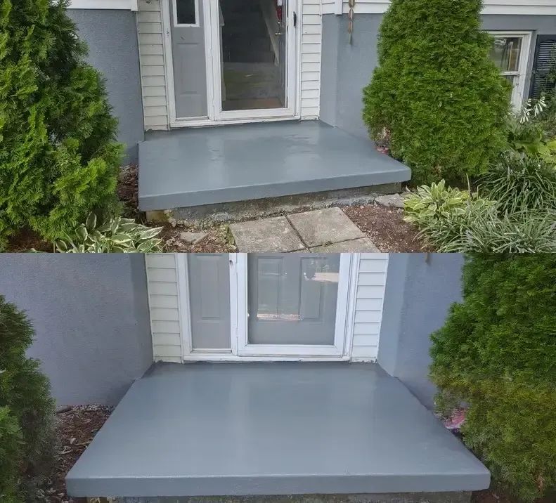 A before and after picture of a porch with steps and a door