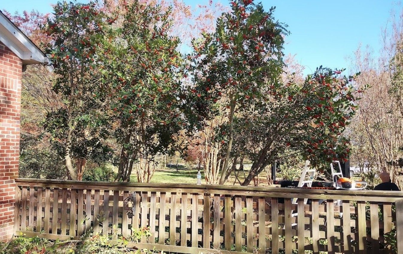 A wooden fence surrounds a brick house with trees in the background.