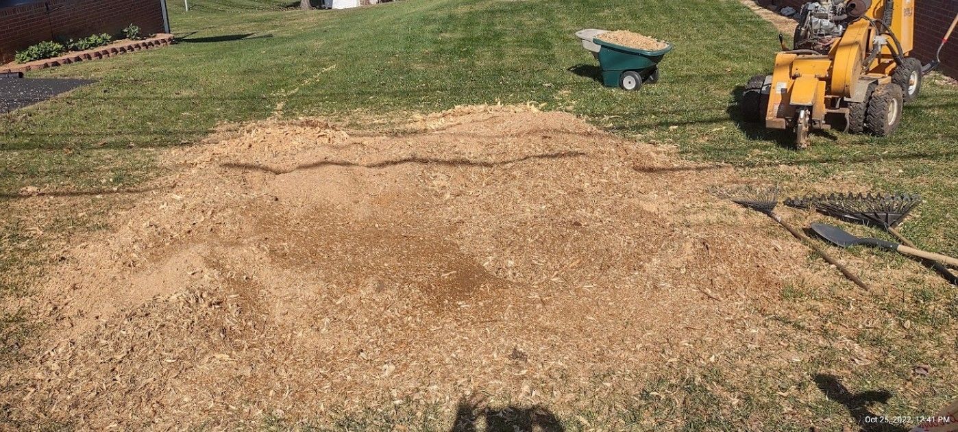 A pile of wood chips is sitting on top of a lush green lawn next to a wheelbarrow.