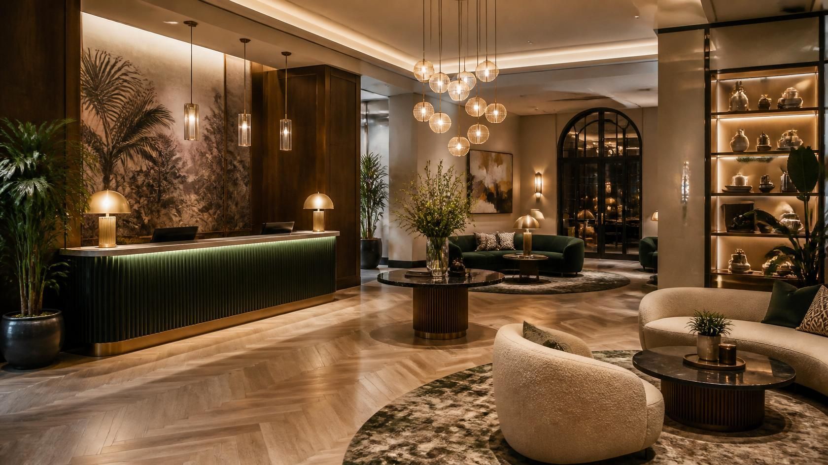 Elegant hotel lobby with warm lighting, velvet seating, marble floors, and a green reception desk