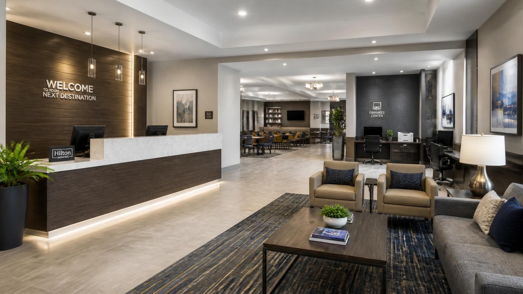 Modern hotel lobby with reception desk, seating area, warm lighting, and neutral decor.