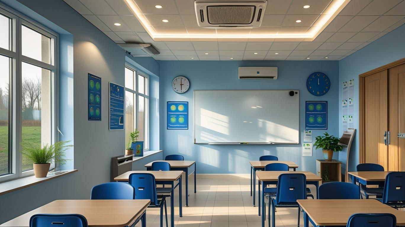Empty modern classroom with blue chairs, desks, whiteboard, windows, and sunlight streaming in.