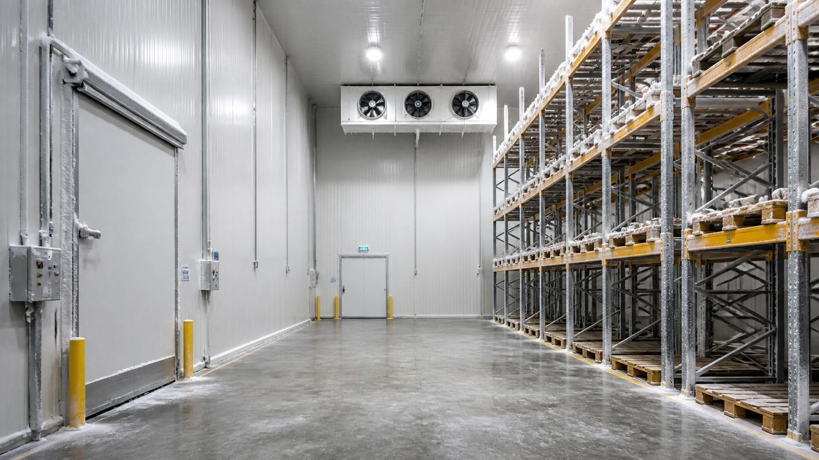 Empty refrigerated warehouse aisle with metal storage racks and large cooling fans on the back wall