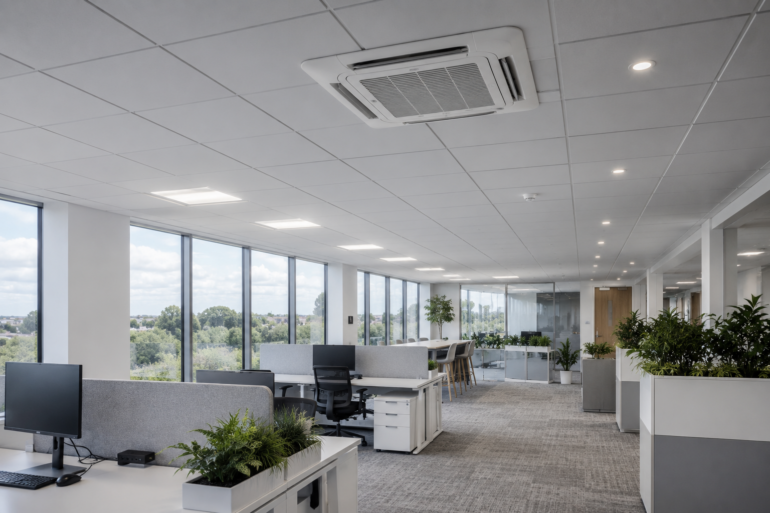Open-plan office with desks, computers, chairs, and ceiling-mounted projectors