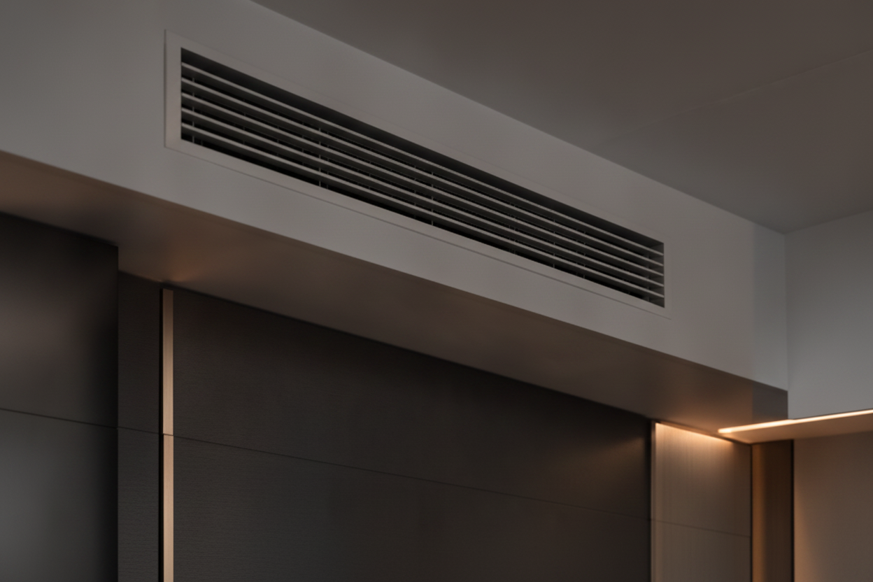 Modern interior with dark wall panels and a long rectangular air vent near the ceiling