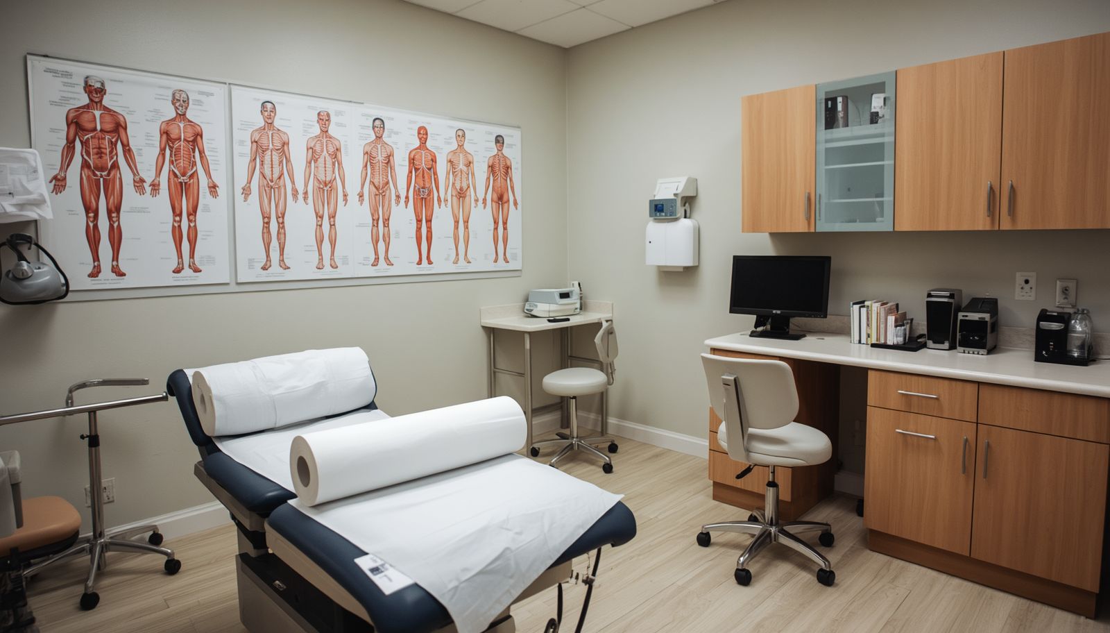 Medical exam room with exam table, anatomical wall charts, desk, chair, and cabinets