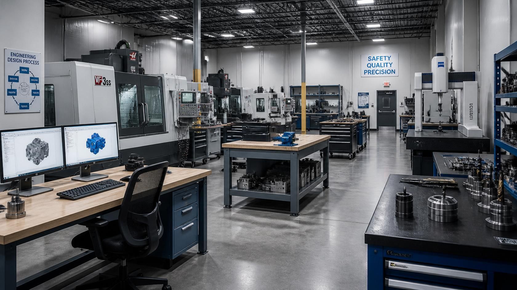 Wide industrial lab with workbenches, computers, machinery, and tools under bright overhead lighting.