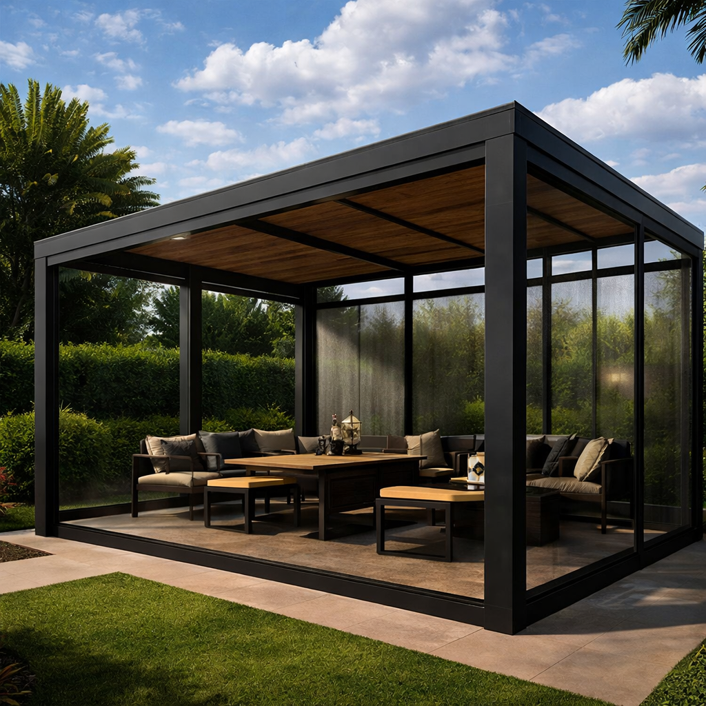 Modern black-framed patio gazebo with outdoor seating, glass walls, and a wood ceiling beside a lawn