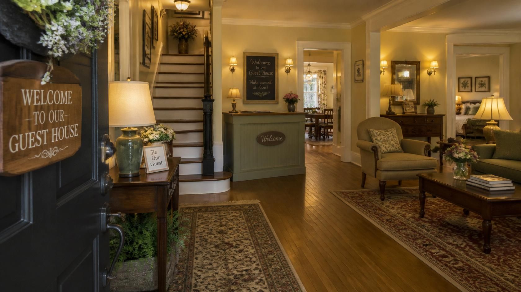 Warm guesthouse lobby with staircase, green front desk, armchairs, lamps, and a ”sign.