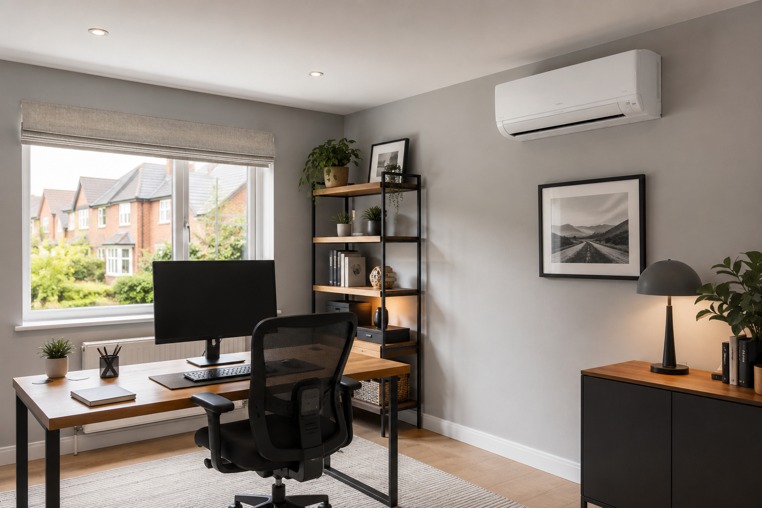 White wall-mounted air conditioner above a doorway in a bright room with a blue curtain.