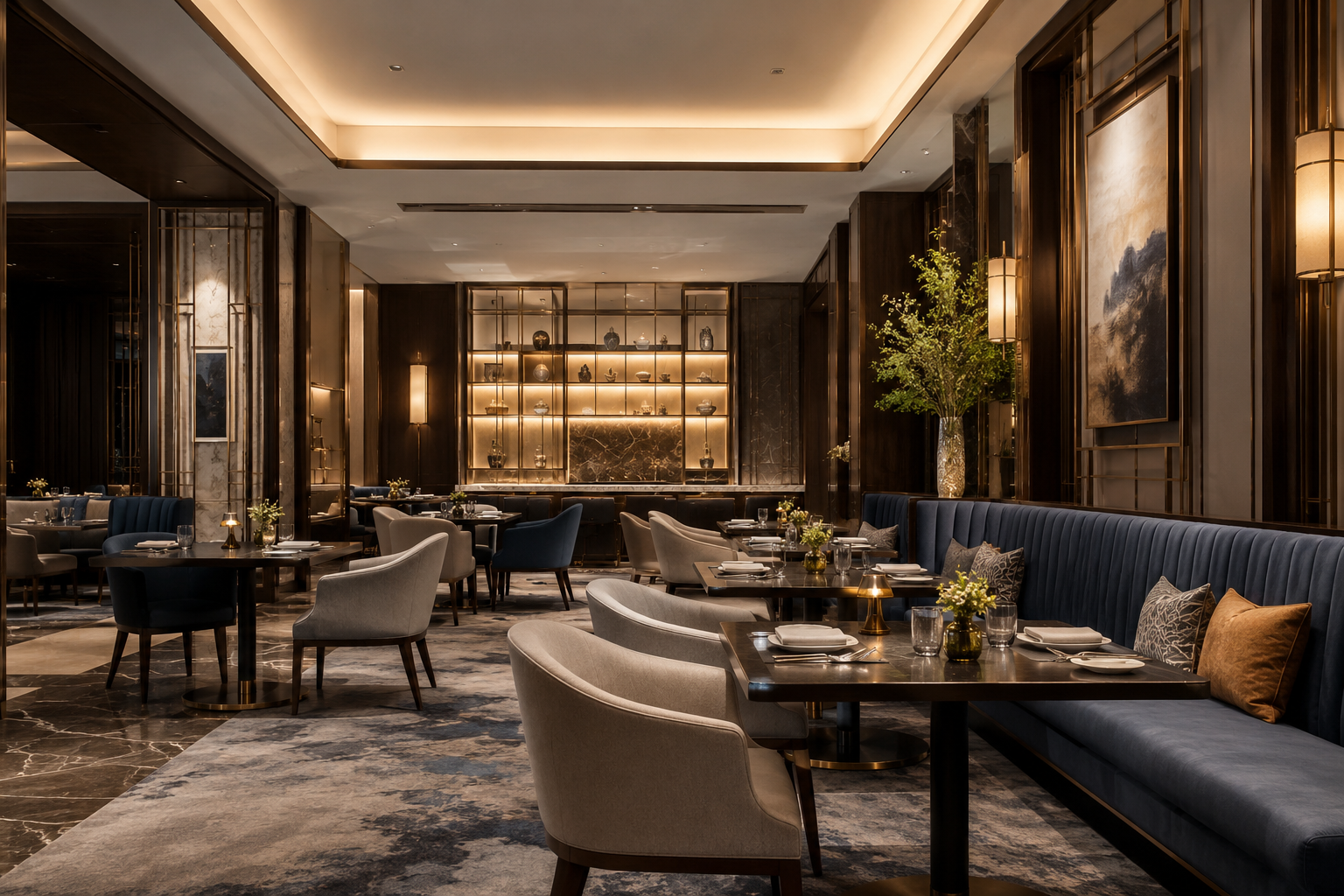 Elegant modern restaurant interior with warm lighting, blue banquette seating, and marble tables