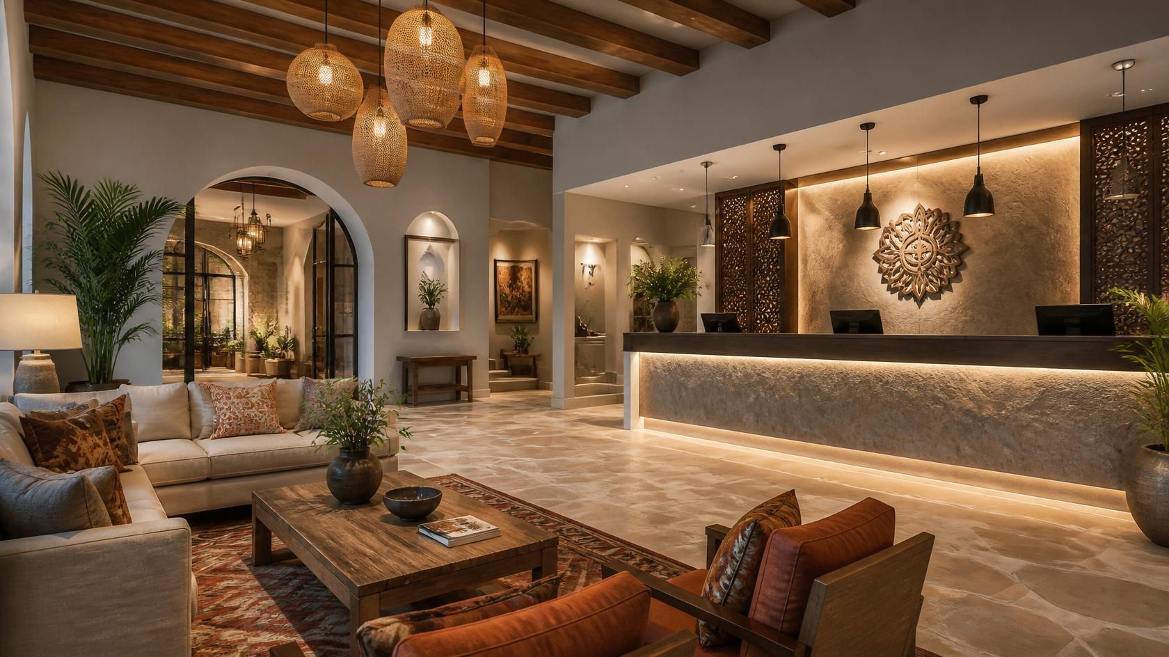 Warm luxury hotel lobby with neutral seating, woven pendants, and a textured front desk wall