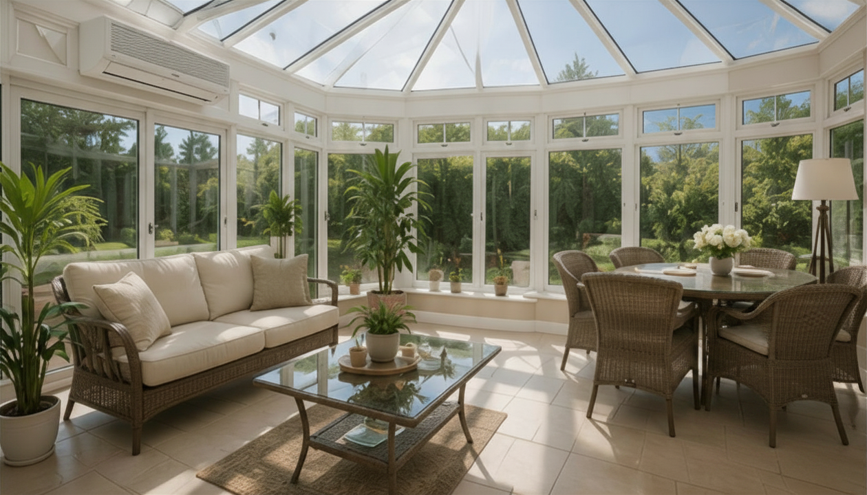 Bright sunroom with wicker seating, glass coffee table, and plants under a skylight roof.