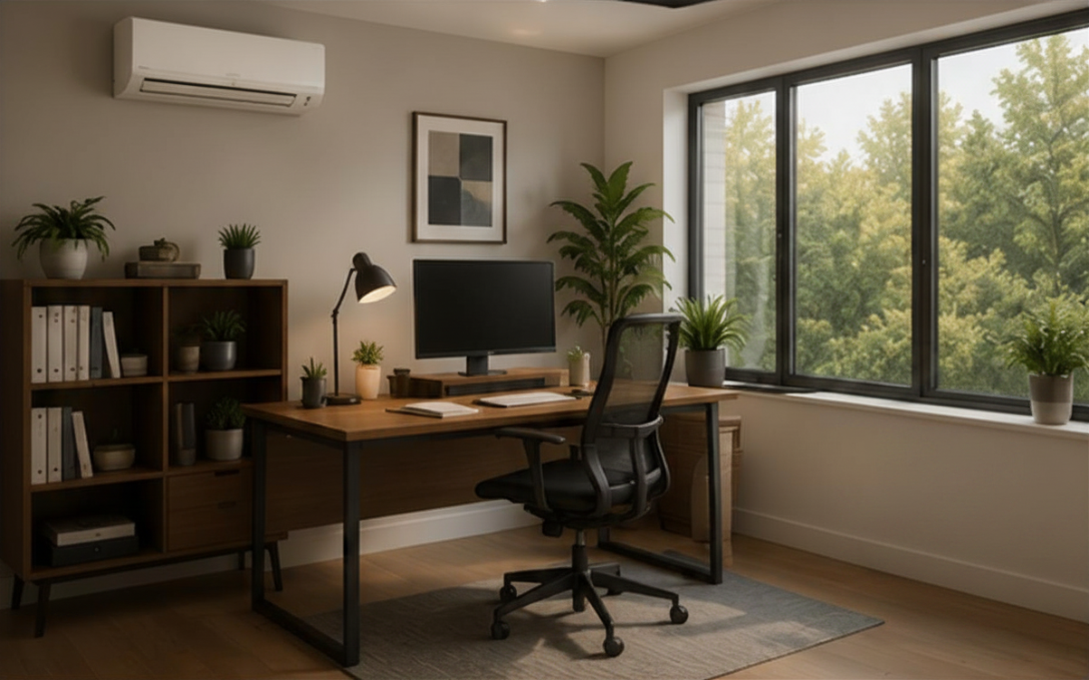 Modern home office with desk, computer, chair, bookshelf, plants, and large windows with daylight