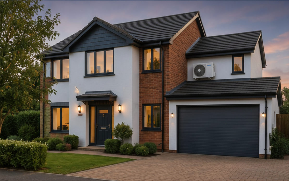 Modern two-story house with white and brick exterior, black roof, garage, and landscaped front yard at dusk