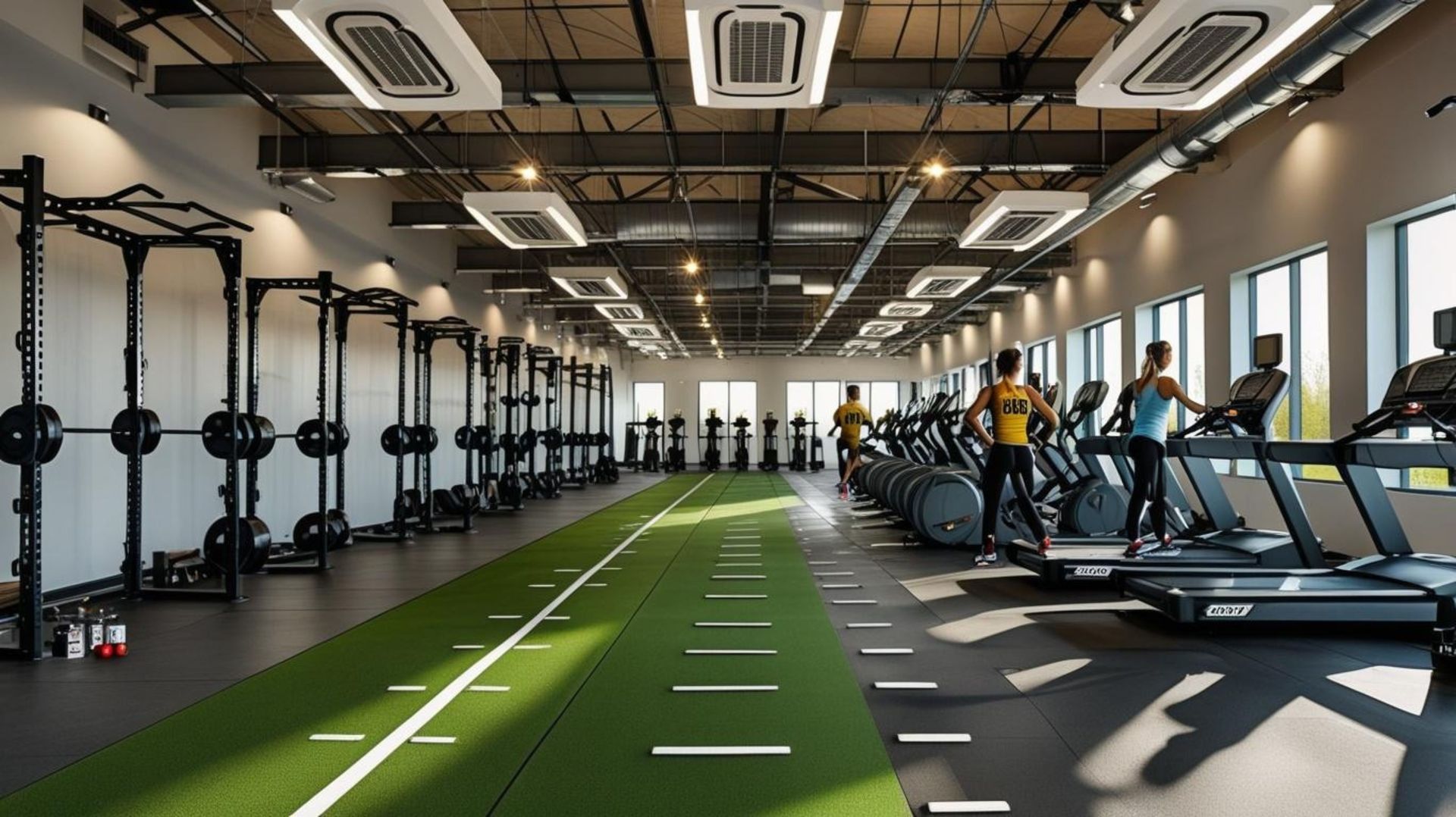 Modern gym interior with treadmills, turf lane, and weight equipment in bright sunlight