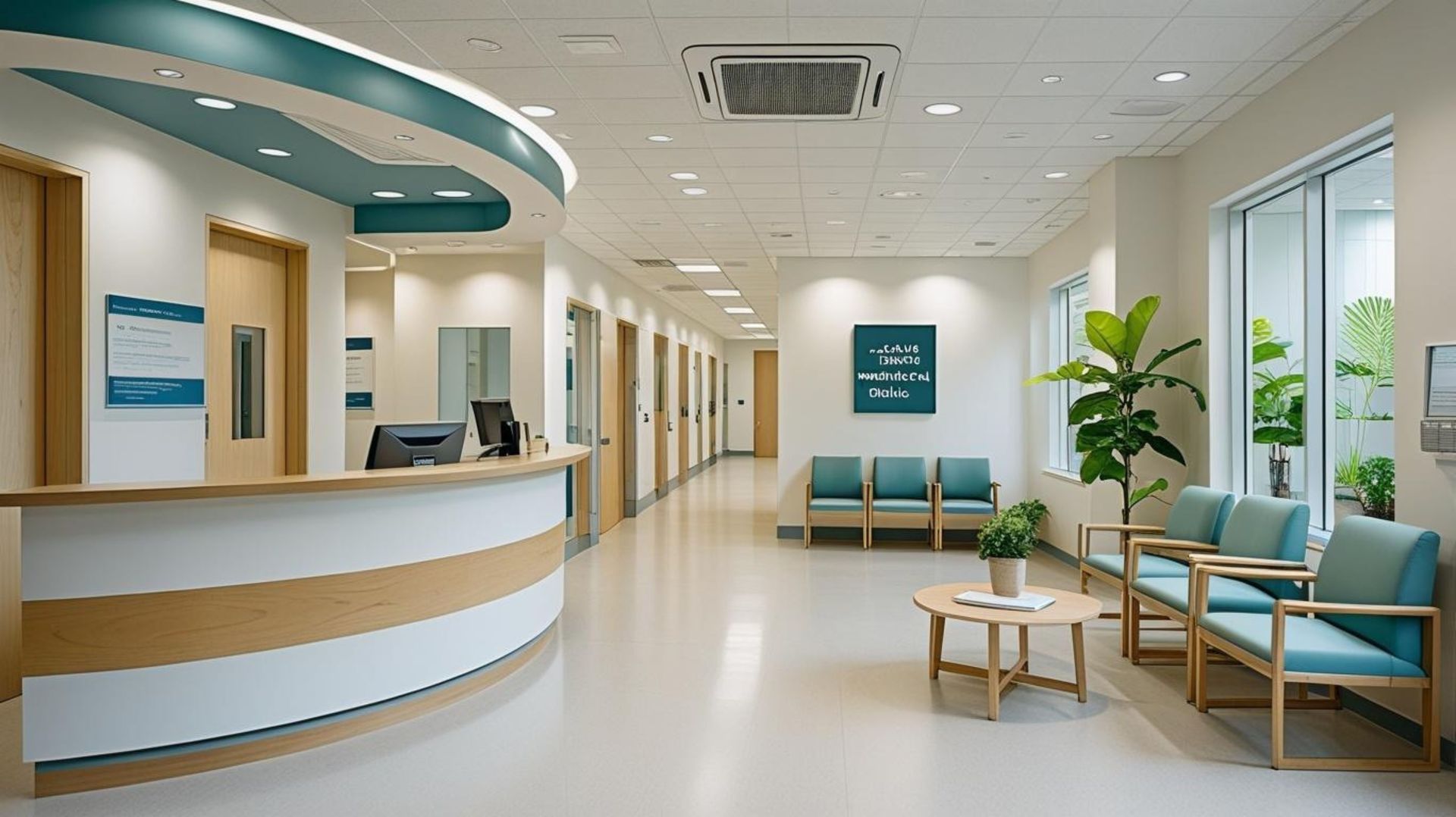 Bright, modern clinic waiting area with reception desk, teal chairs, plants, and large windows