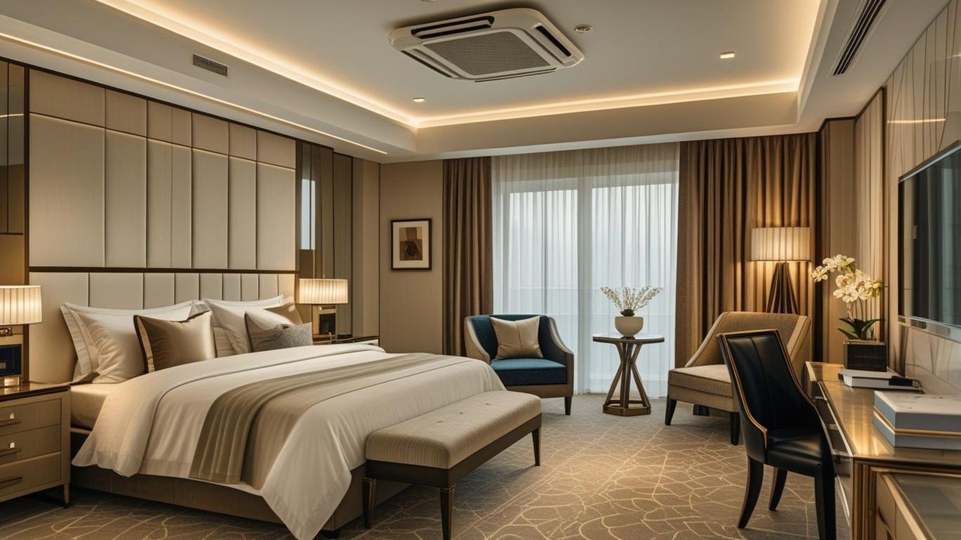 Modern beige hotel bedroom with king bed, desk, armchair, and warm ambient lighting