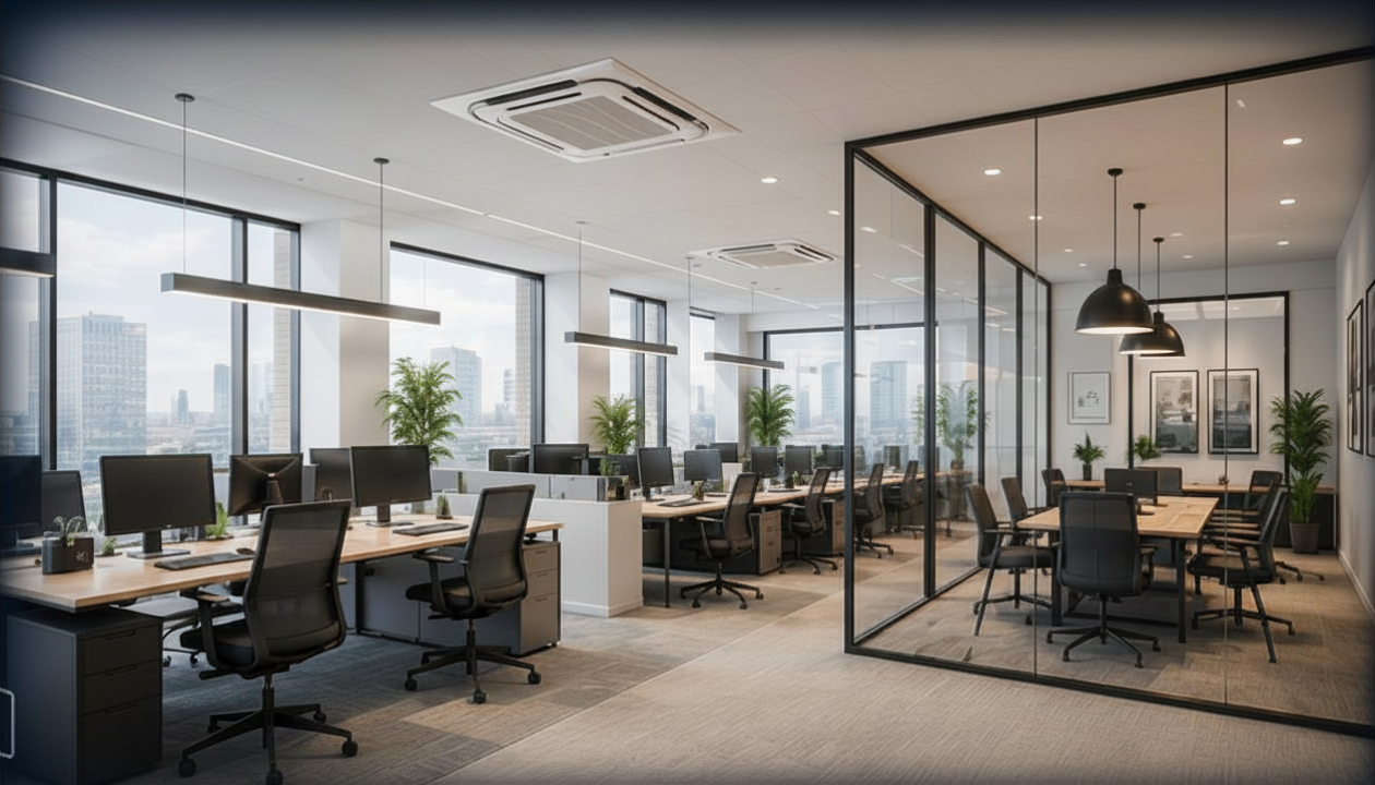 Modern open-plan office with desks, computers, glass meeting room, and city views