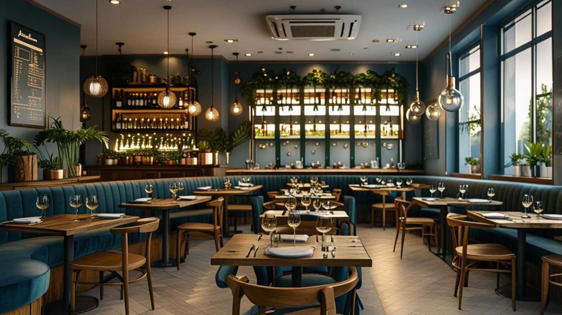 Stylish empty café interior with teal walls, warm lighting, and wooden tables and chairs