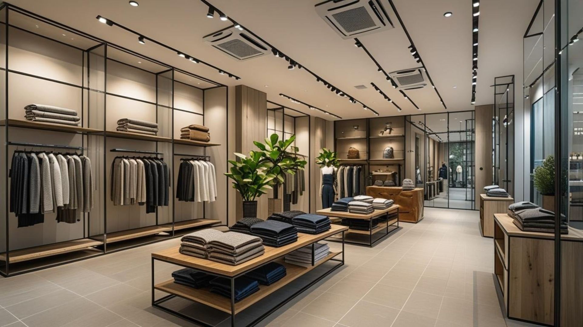 Modern clothing store interior with neatly displayed racks, folded apparel, and warm lighting