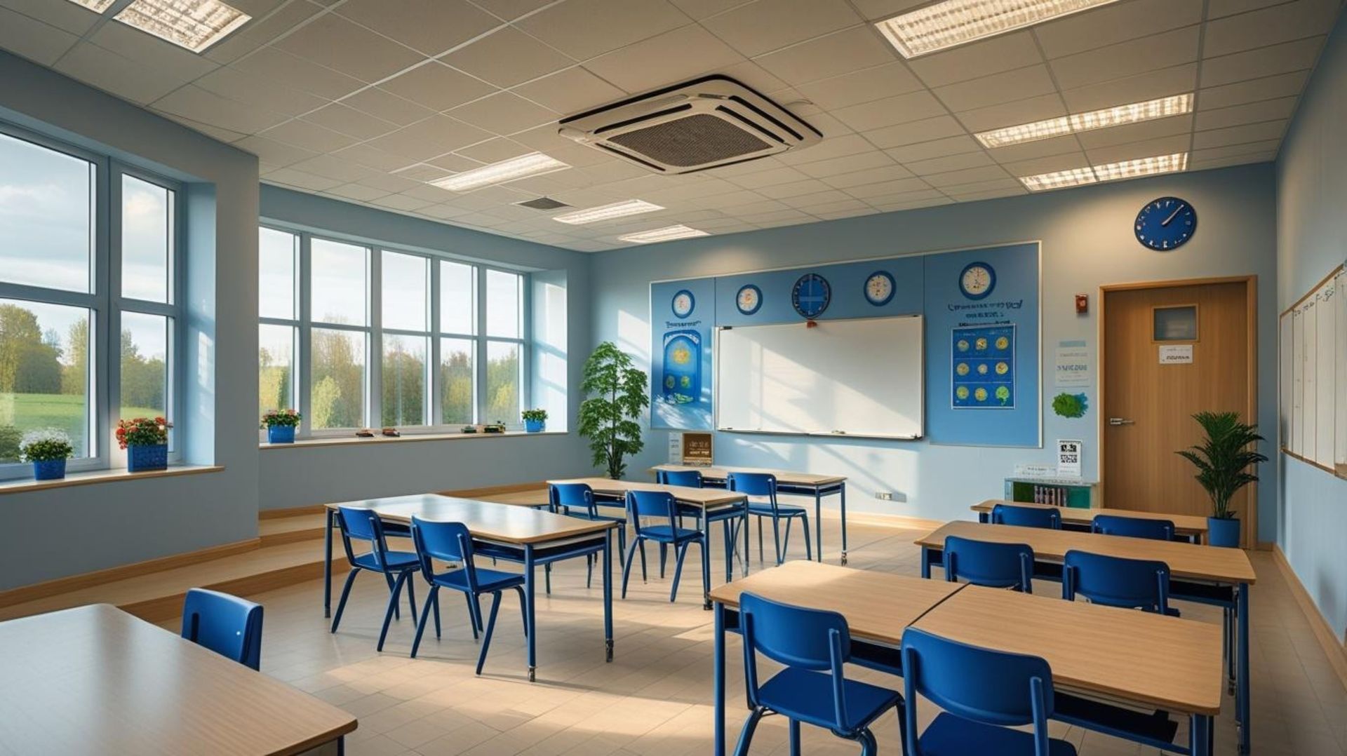 Empty classroom with blue chairs, desks, large windows, whiteboard, and bright sunlight