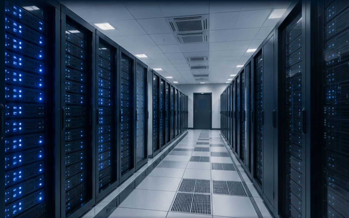 Aisle of blue-lit server racks in a modern data center corridor.