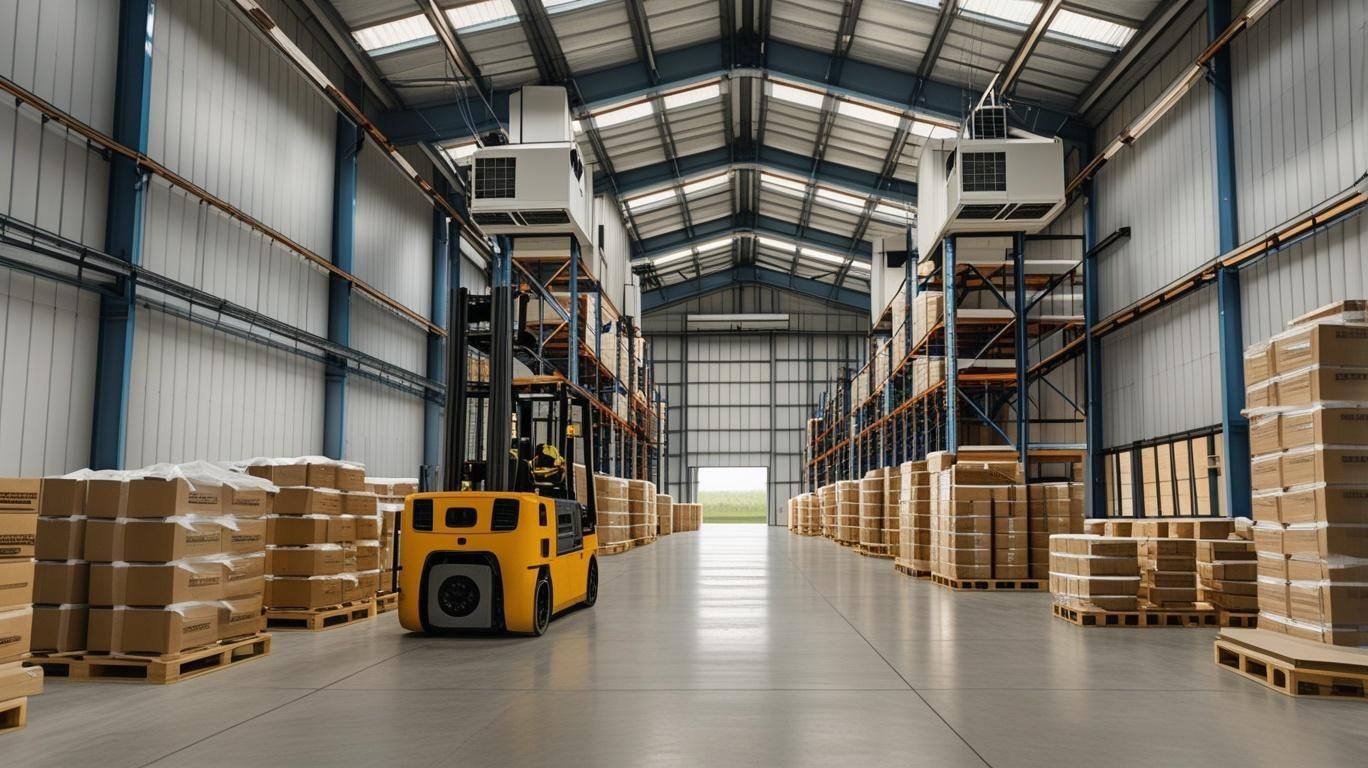 Wide warehouse aisle with stacked boxes and a yellow forklift under a high metal roof