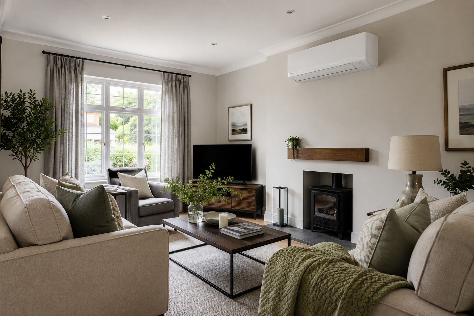 White wall-mounted air conditioner above a doorway in a bright room with a blue curtain.