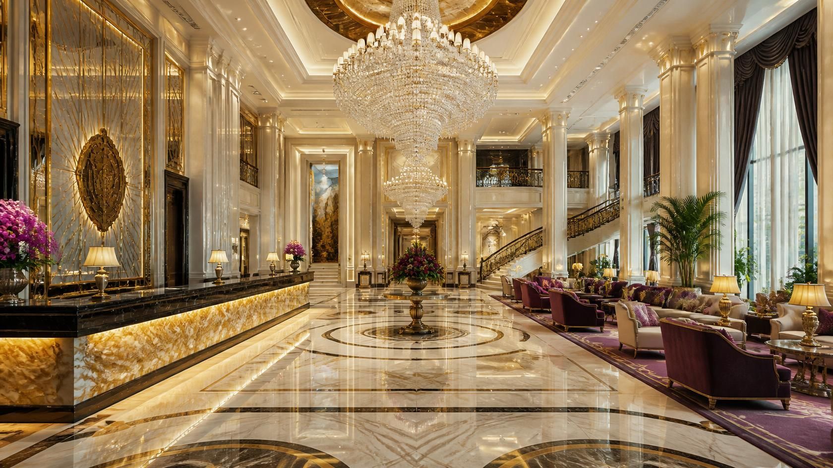 Luxury hotel lobby with marble floors, grand chandelier, gold decor, and seating by tall windows