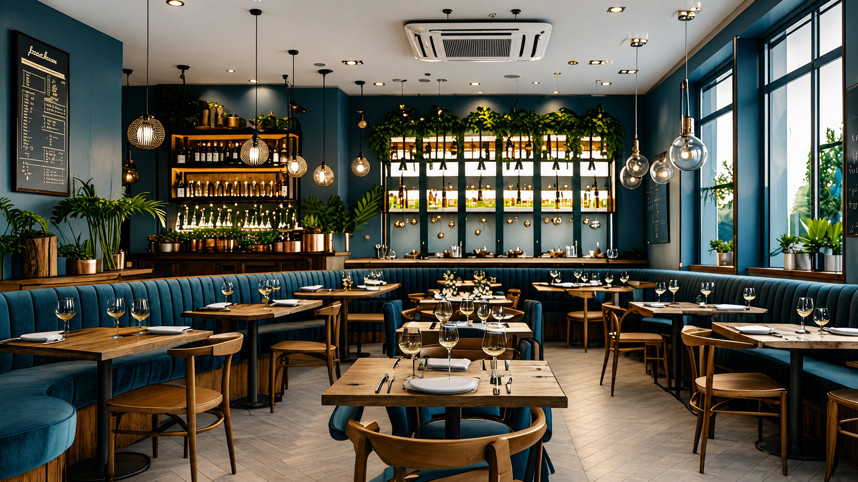 Dimly lit modern restaurant with wooden tables, chairs, potted plants, and a ceiling-mounted air conditioner