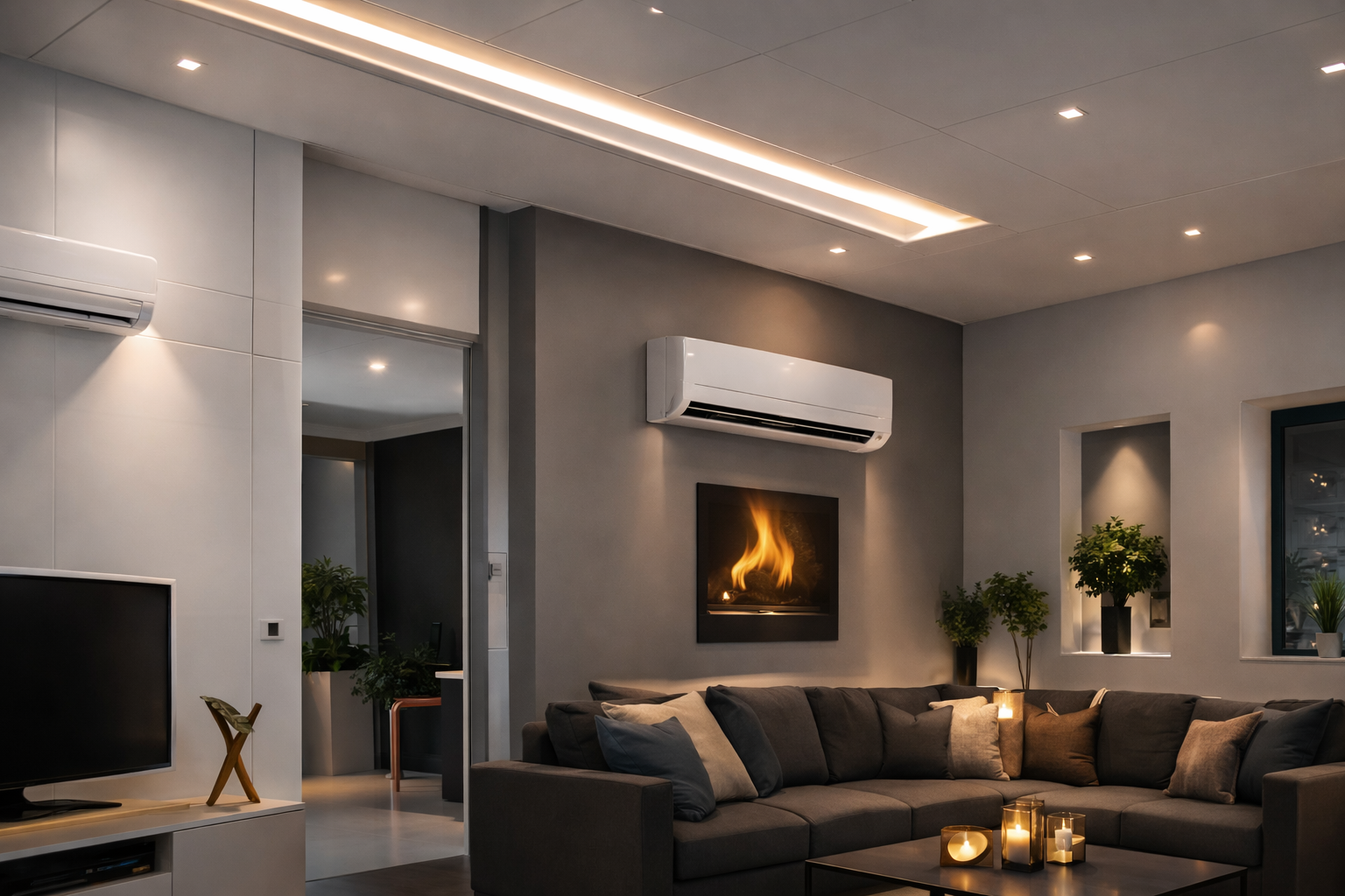 Modern living room with gray sofa, wall-mounted fireplace, air conditioner, and warm recessed lighting
