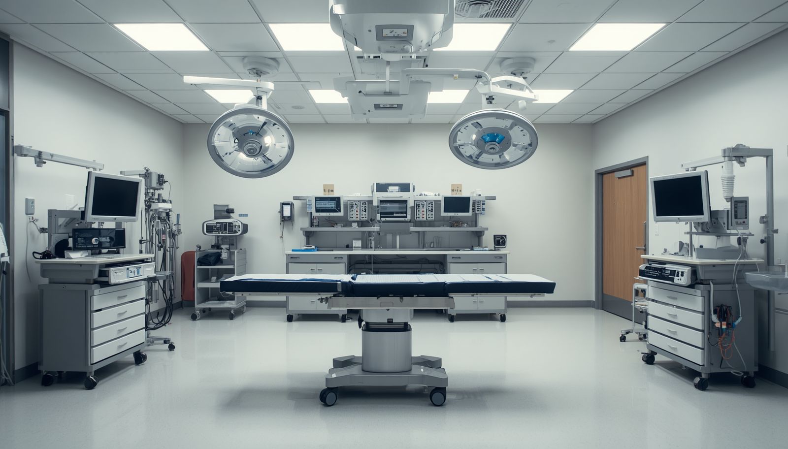 Bright, sterile operating room with surgical table, overhead lights, and medical equipment.