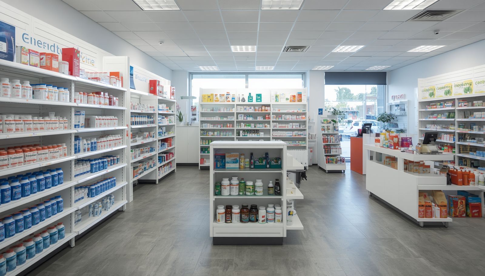 Bright pharmacy interior with white shelves stocked with medicine and a central display aisle