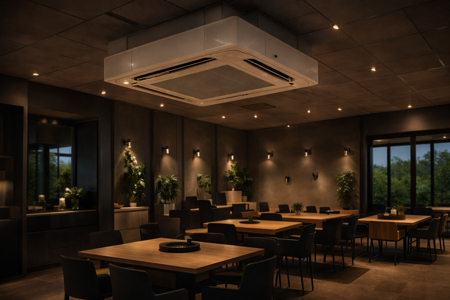 Modern restaurant dining room with wooden tables, warm lighting, and large windows at night