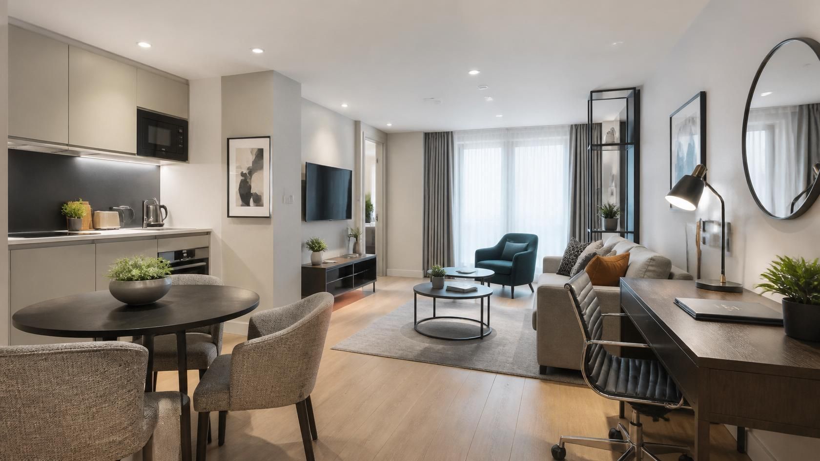 Modern open-plan living room and kitchen with neutral decor, teal accent chairs, and large windows.