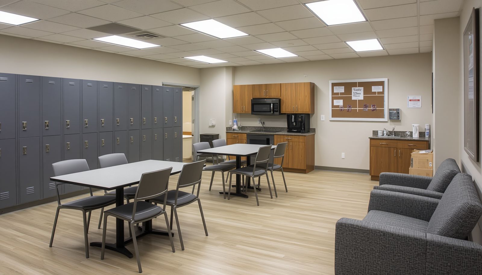 Break room with tables, lockers, kitchenette, and gray couch seating.