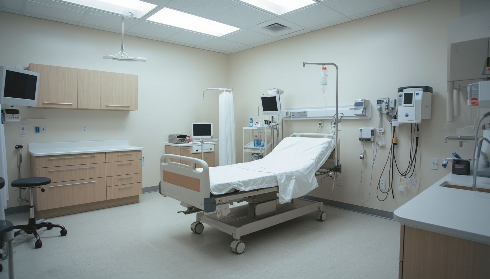 Empty hospital exam room with bed, cabinets, monitors, and medical equipment