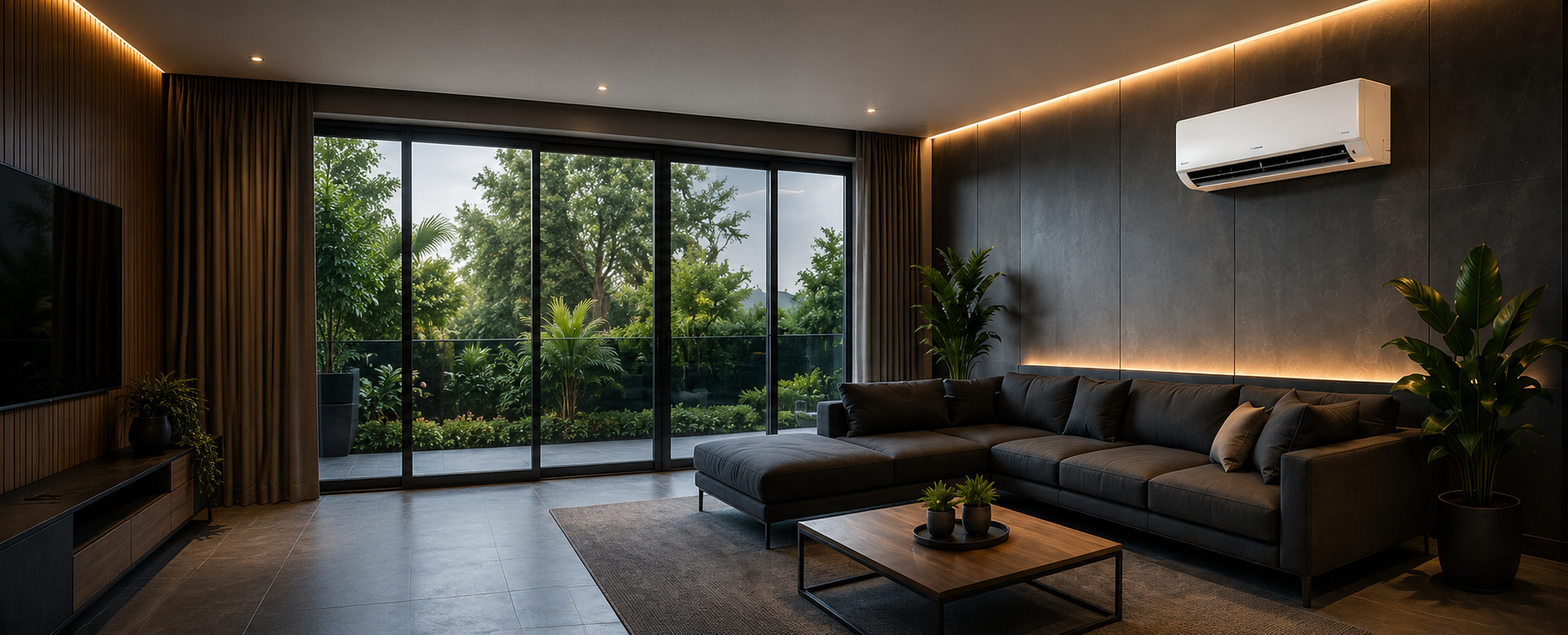 Modern living room with dark sofa, coffee table, warm lighting, and large sliding glass doors to a leafy patio