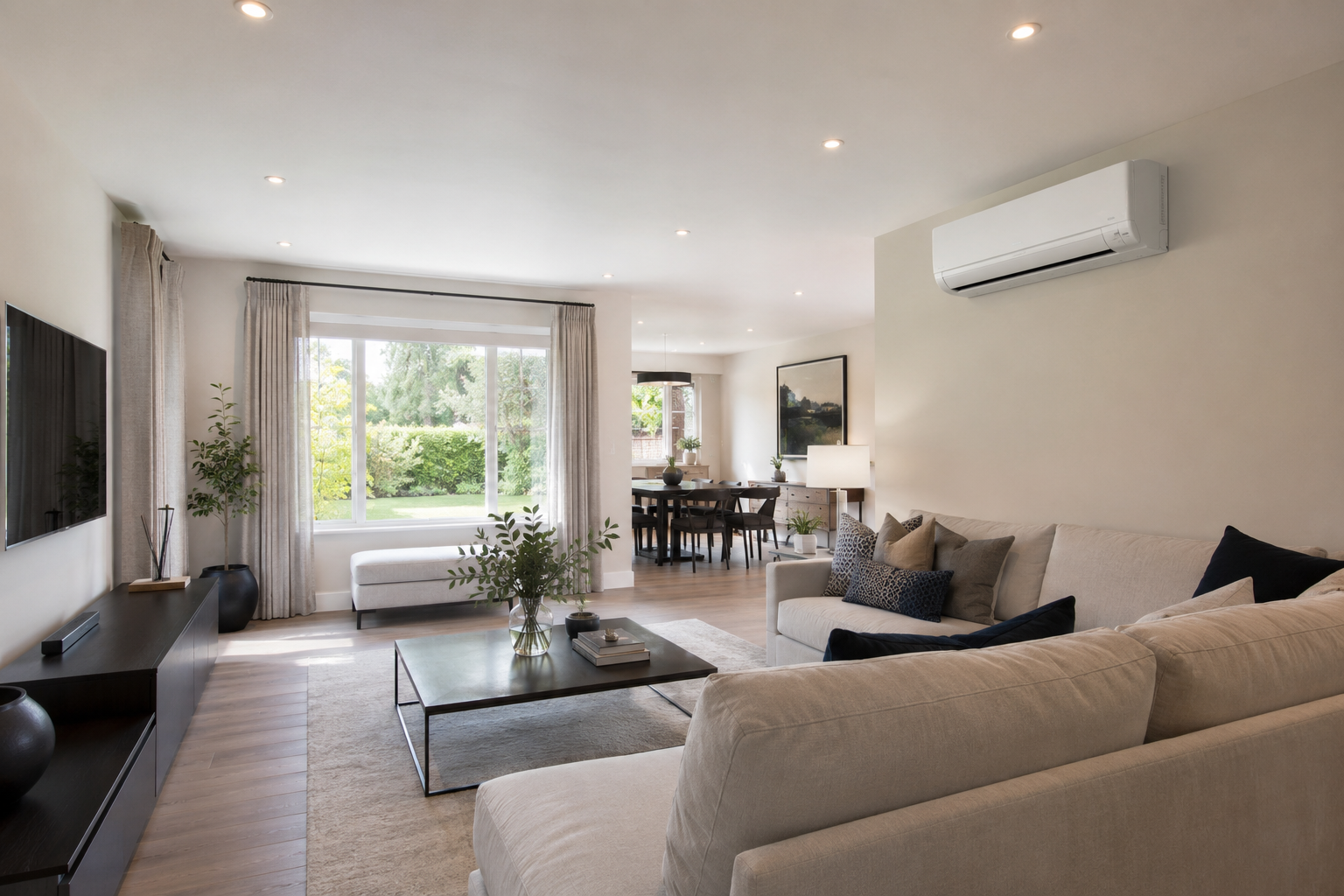 Modern living room with gray sofa, wall-mounted TV, air conditioner, and large windows with sheer curtains