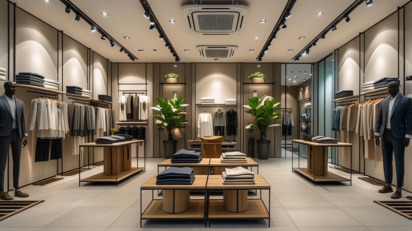 Stylish clothing store interior with racks of neutral-toned apparel and display tables