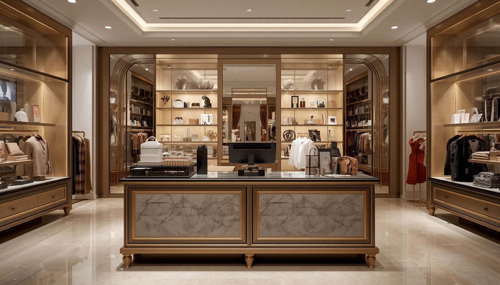 Luxury clothing boutique interior with wood shelves, display tables, and warm recessed lighting