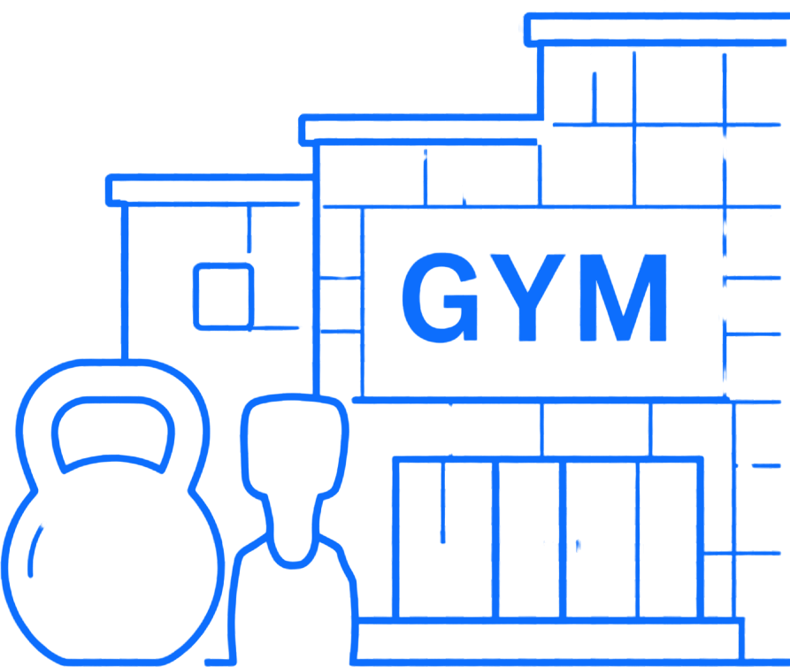 Blue line icon of gym building with kettlebell and dumbbell in front