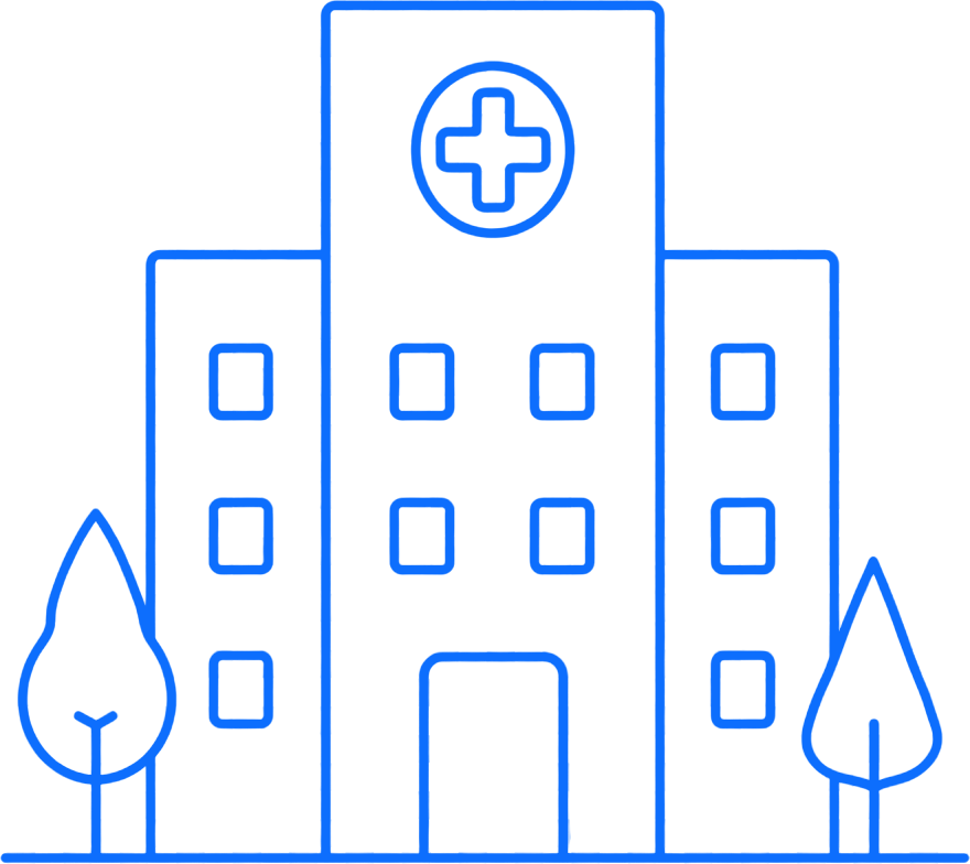 Blue line-art hospital building with cross, windows, and trees on both sides